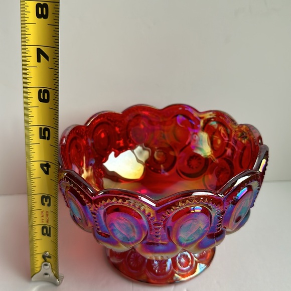 L E Smith Moon and Stars Iridescent Ruby Red Orange Carnival Glass Bowl 6” - Picture 9 of 9
